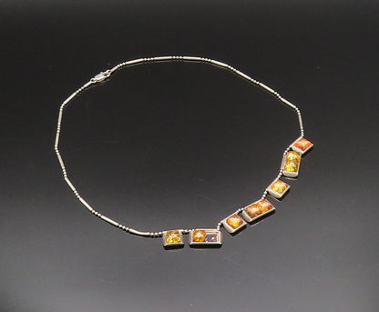 925 Silver  Vintage Multi Square Baltic Amber Bar & Bead Necklace  NE3898