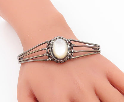 925 Sterling Silver Vintage Bracelet BALI Oval Mother Of Pearls Cuff  BT10998