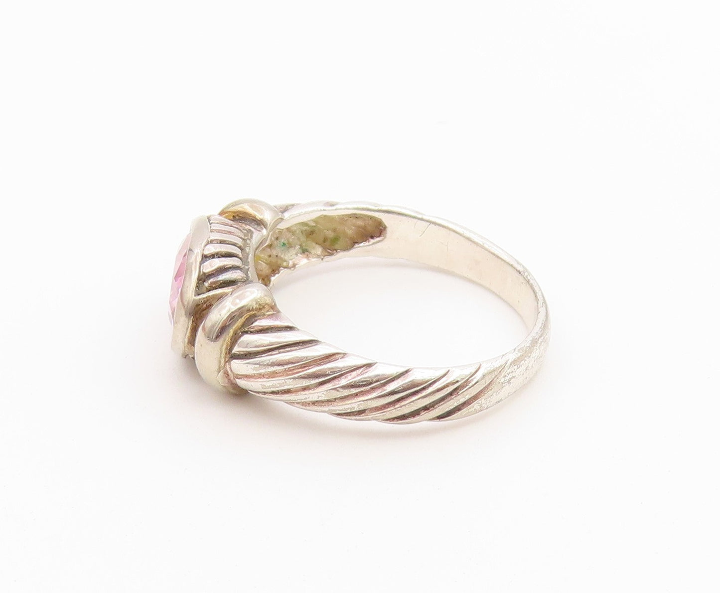 925 Sterling Silver Vintage Ring Pink Topaz Ribbed Statement Band  Sz 8  RG36754