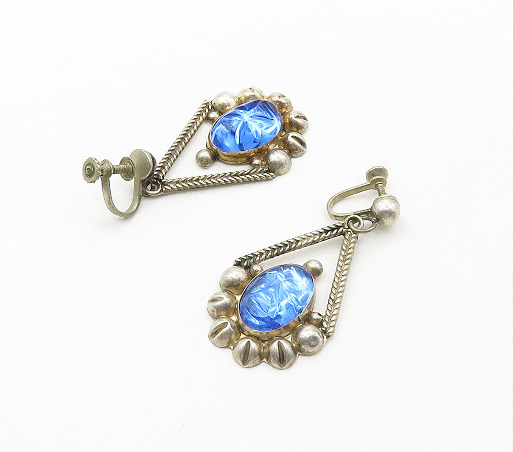 MEXICO 925 Silver  Vintage Face Carved Blue Topaz Dangle Earrings  EG8138