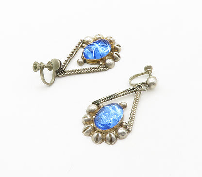MEXICO 925 Silver  Vintage Face Carved Blue Topaz Dangle Earrings  EG8138
