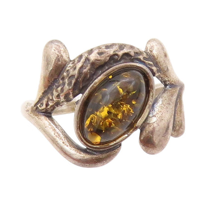 925 Sterling Silver Vintage Ring Cabochon Honey Amber Floral  SZ 6.5  RG32240