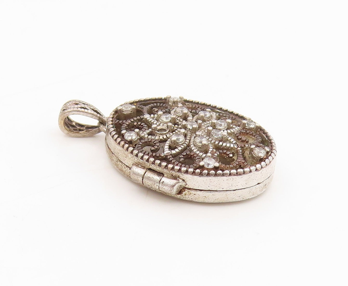 925 Sterling Silver Vintage Pendant CZ Floral Scrollwork Charm OPENS  PT25481