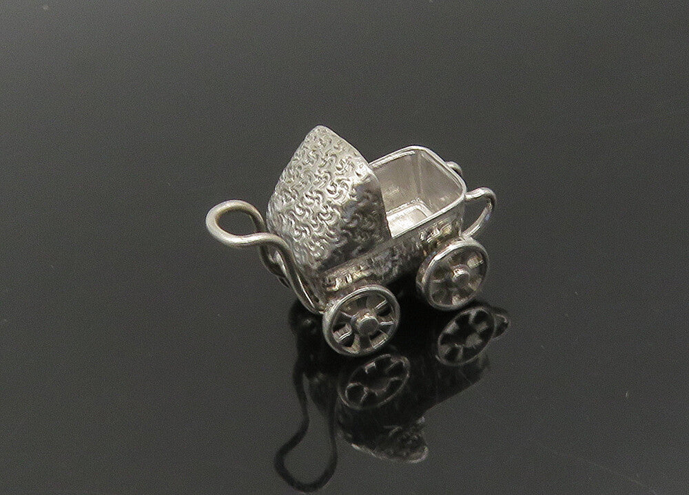 925 Sterling Silver  Vintage Old Fashioned Baby Carriage Pendant  PT17748