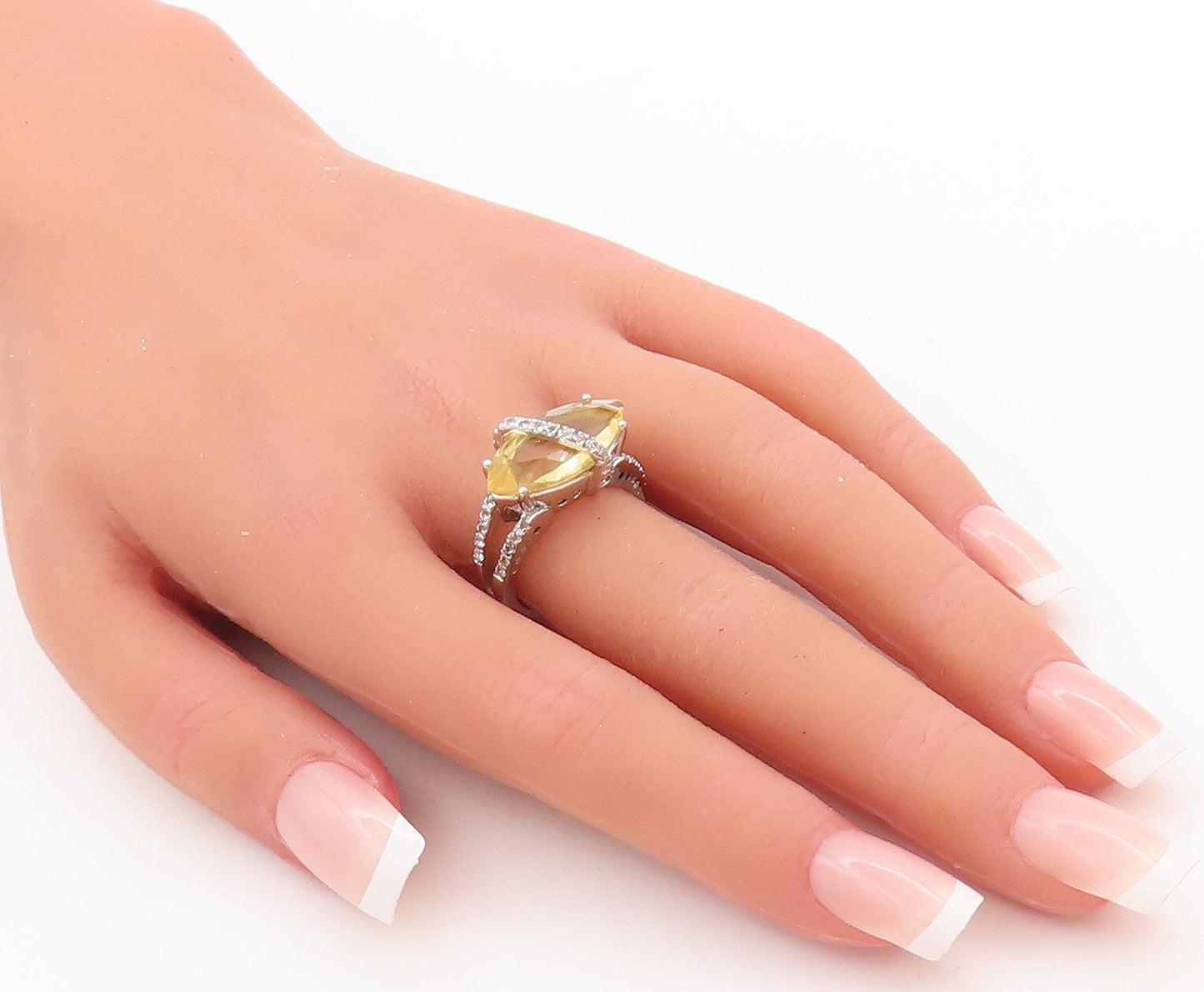 925 Sterling Silver Vintage Ring Marquise Cut Citrine & Topaz Band Sz 7  RG29846