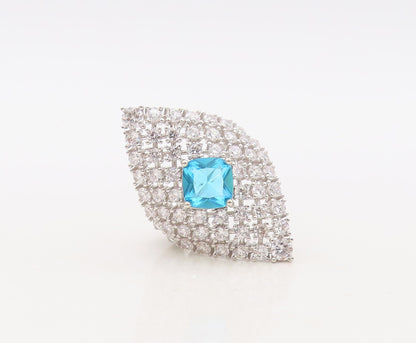 925 Sterling Silver Vintage Ring Designer Large Blue & White CZ  Sz 7 RG30505