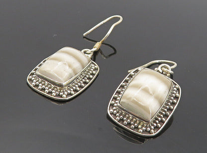 925 Sterling Silver  Vintage Cabochon Cut Agate Square Dangle Earrings  EG3563