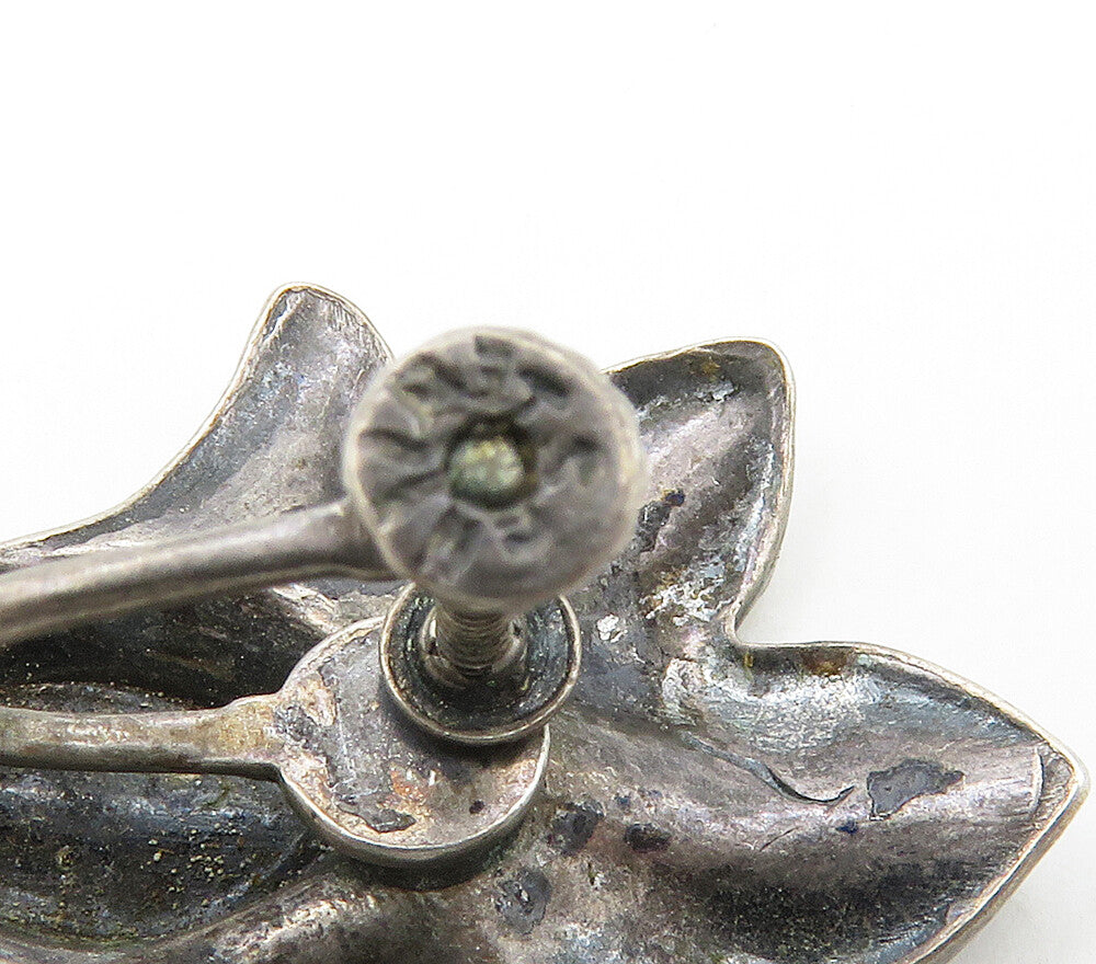 925 Sterling Silver  Vintage Dark Tone Flower Motif Non Pierce Earrings EG8000