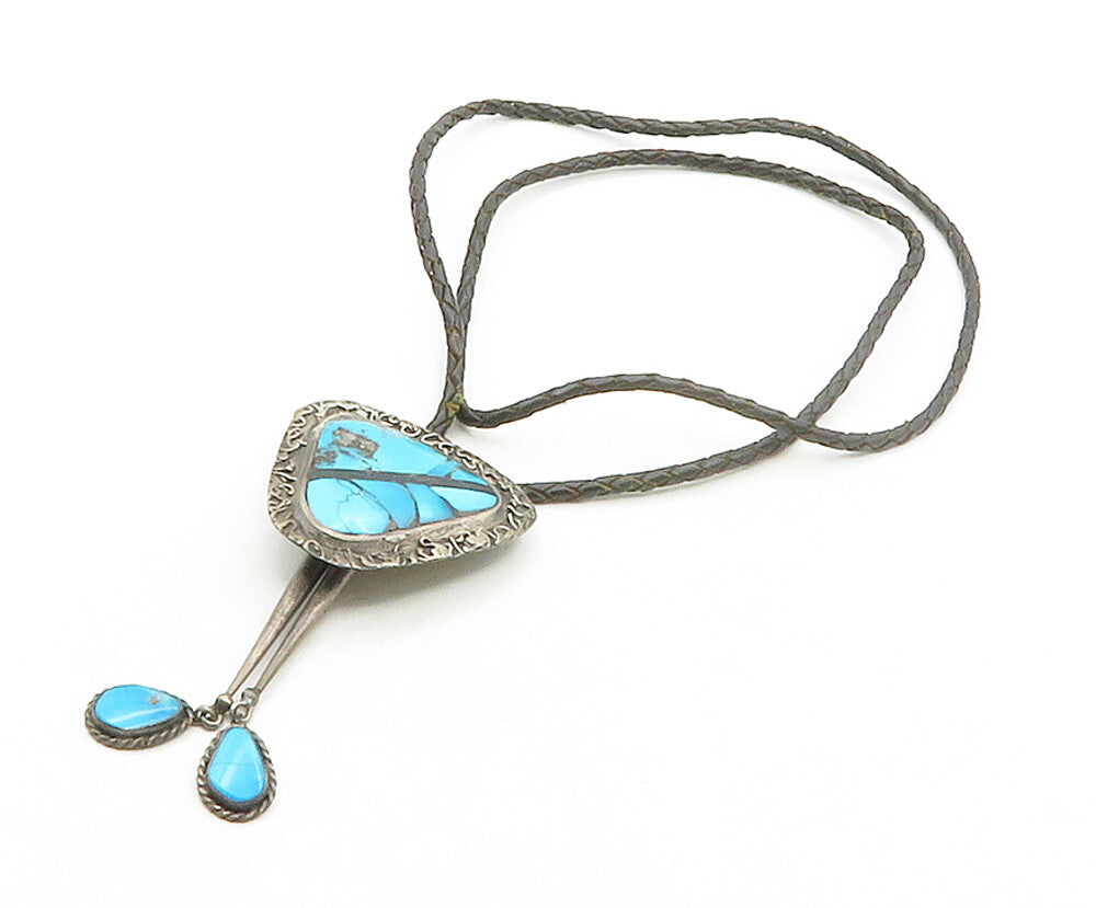 L. BURNSIDE NAVAJO 925 Silver  Vintage Turquoise Leather Rope Necklace  NE2243