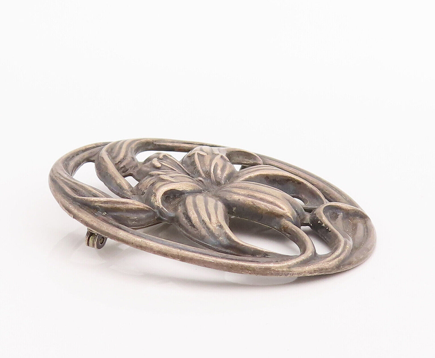 925 Sterling Silver Vintage Brooch Pin Antique Carved Framed Flower  BP10824