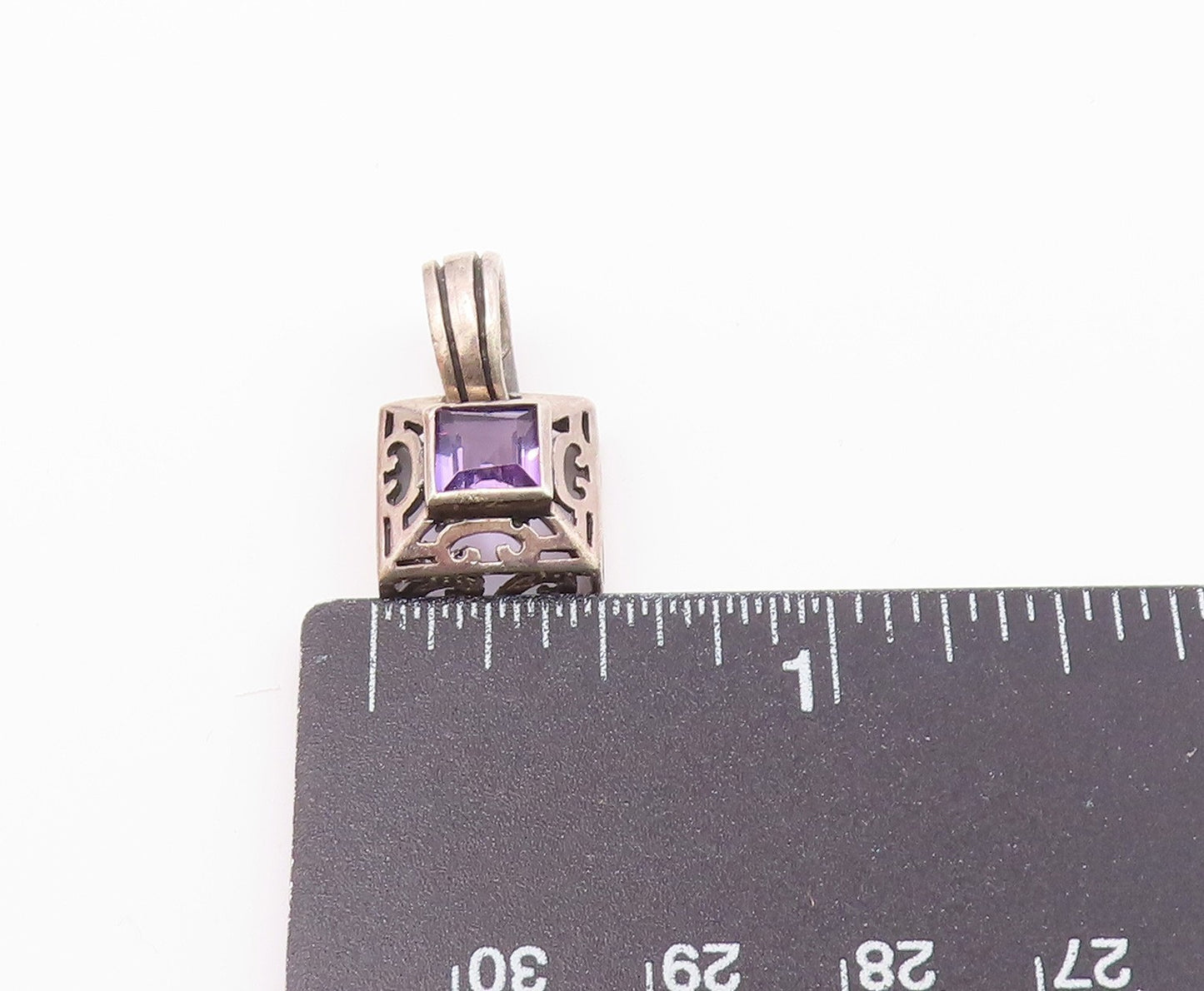925 Sterling Silver  Vintage Amethyst Cutout Square Dome Pendant  PT17412