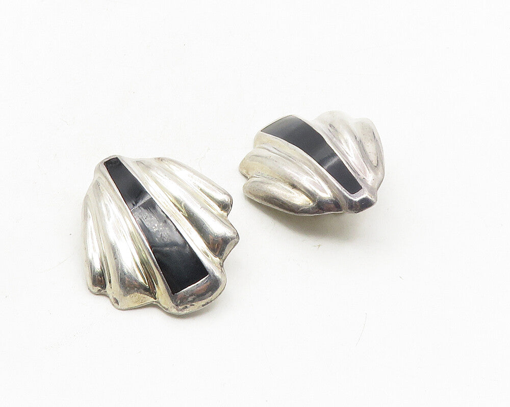 MEXICO 925 Silver  Vintage Black Onyx Scalloped Non Pierce Earrings  EG5338