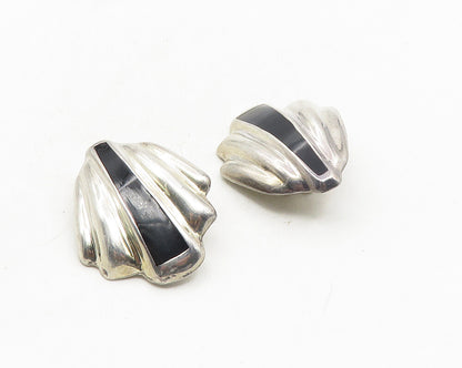 MEXICO 925 Silver  Vintage Black Onyx Scalloped Non Pierce Earrings  EG5338