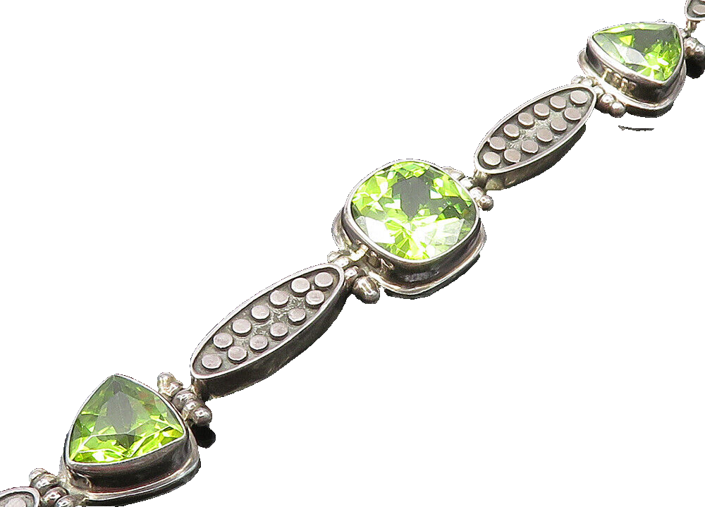 925 Sterling Silver  Vintage Peridot Circle Pattern Chain Bracelet  BT8398