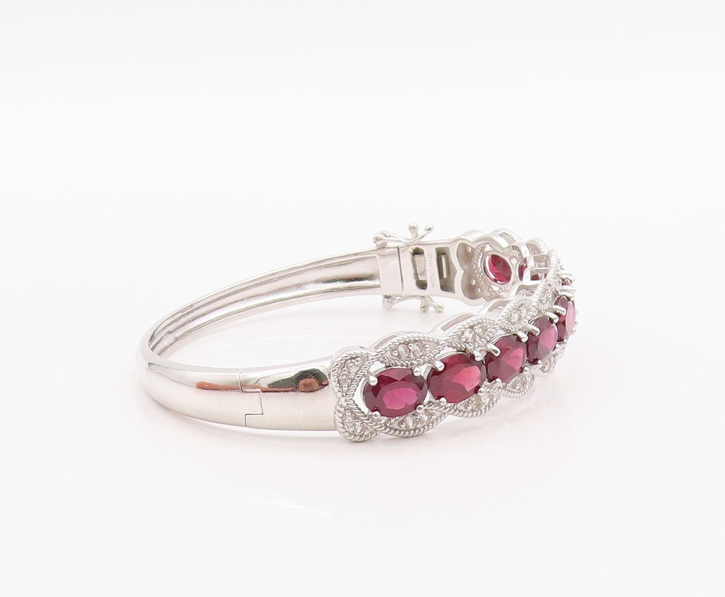 925 Sterling Silver Vintage Bracelet Oval Ruby & CZ Triple Row Bangle  BT11393