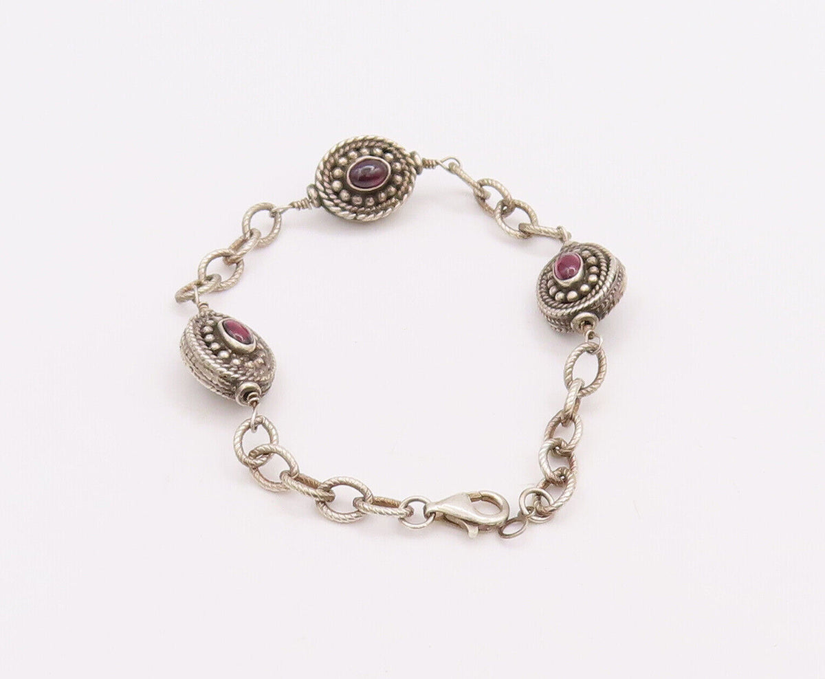 925 Sterling Silver Vintage Bracelet Beaded & Roped Oval Garnet  BT10631