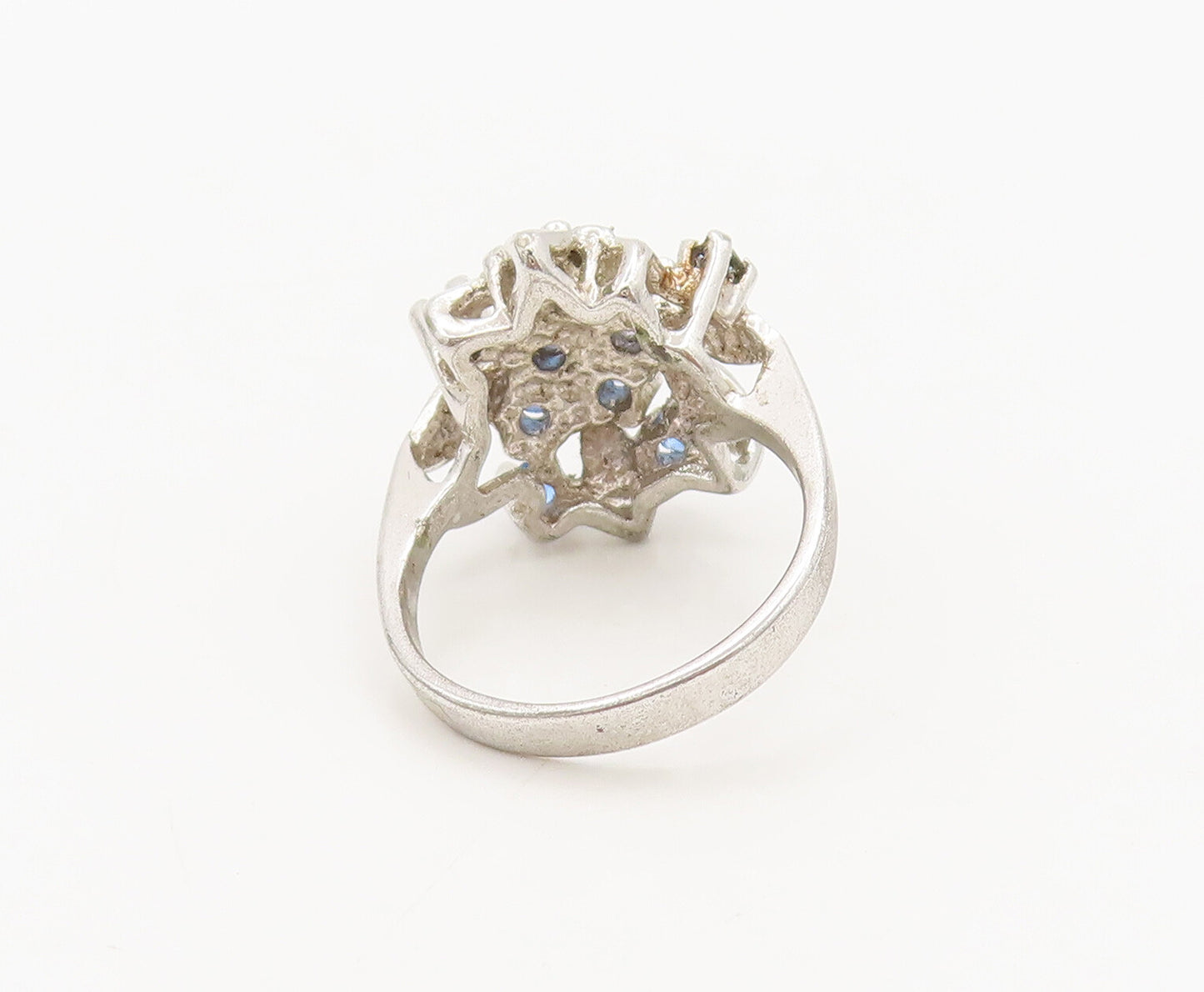 UNCAS 925 Silver  Vintage Carved Blue Topaz Beaded Floral Ring Sz 6  RG27325