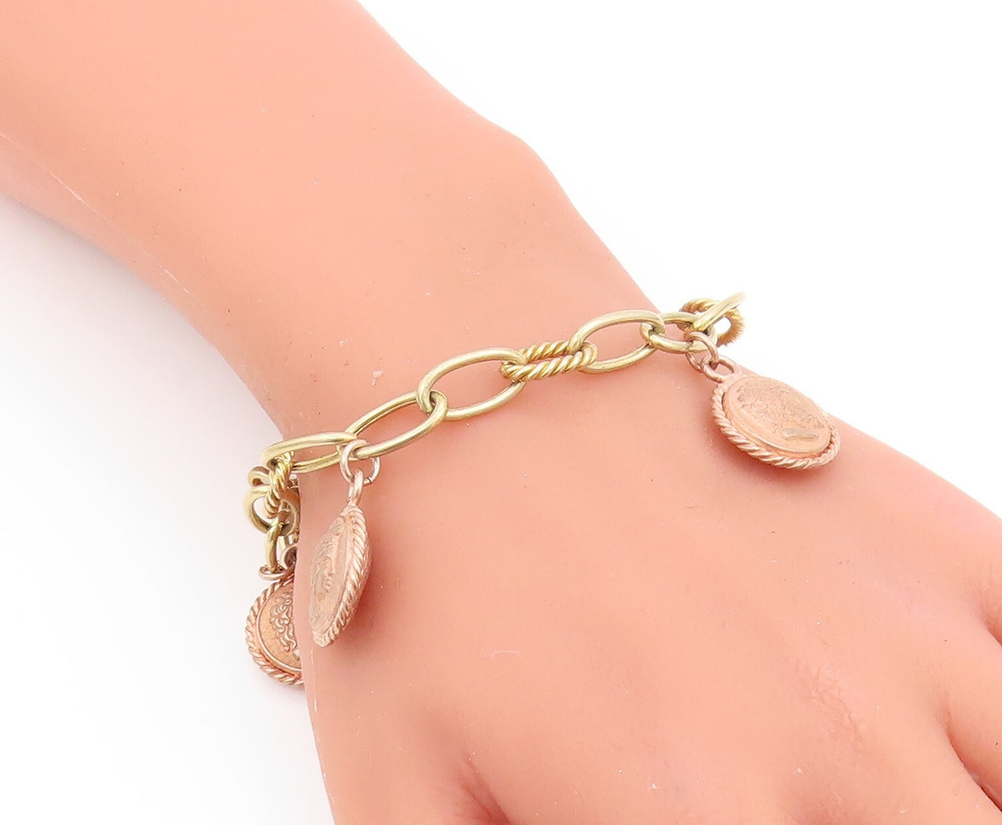925 Sterling Silver Vintage Bracelet Gold Rings Dangling Men Face Coins  BT10985