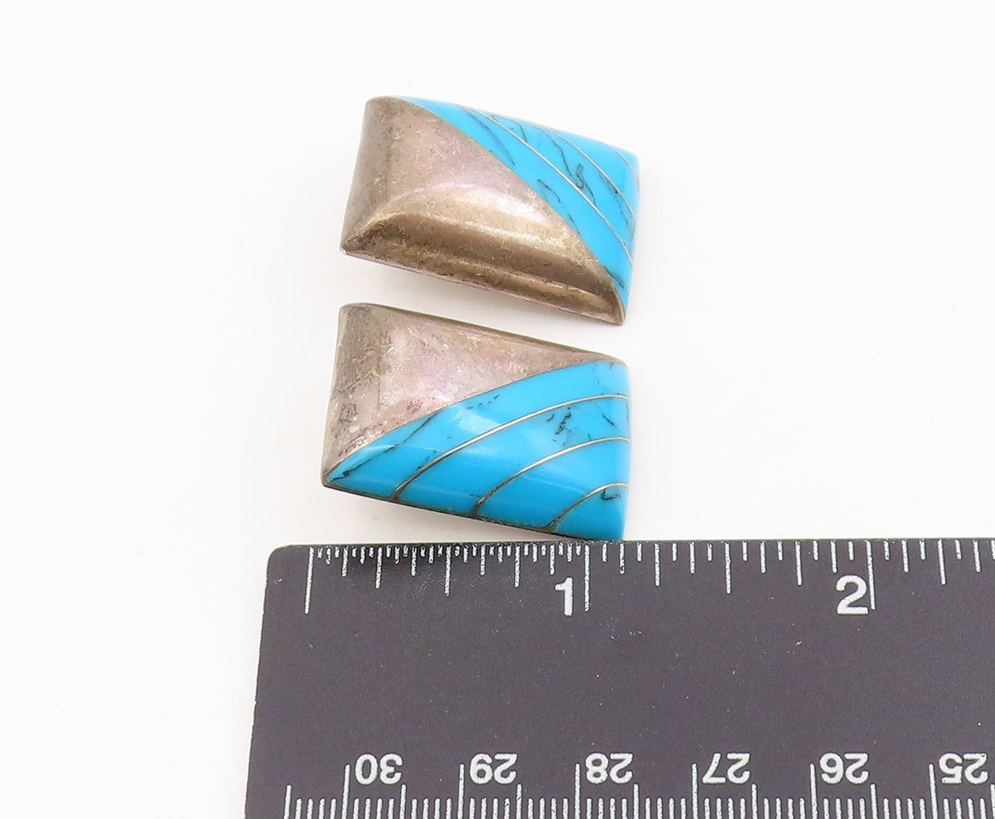925 Sterling Silver Vintage Earrings MEXICO Turquoise Geometric Inlay  EG13894