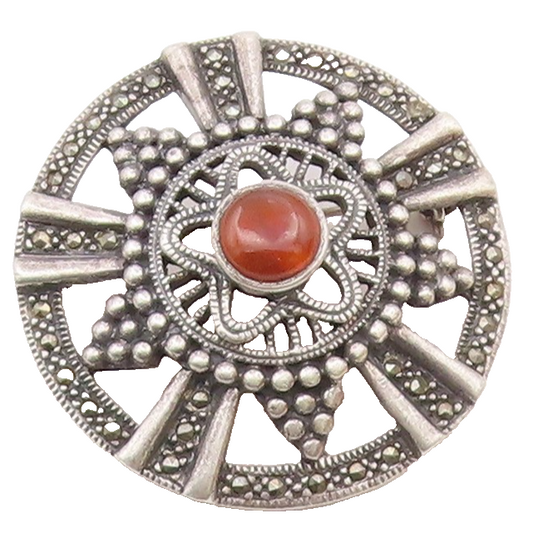 925 Sterling Silver  Vintage Carnelian & Marcasite Floral Brooch Pin  BP8972