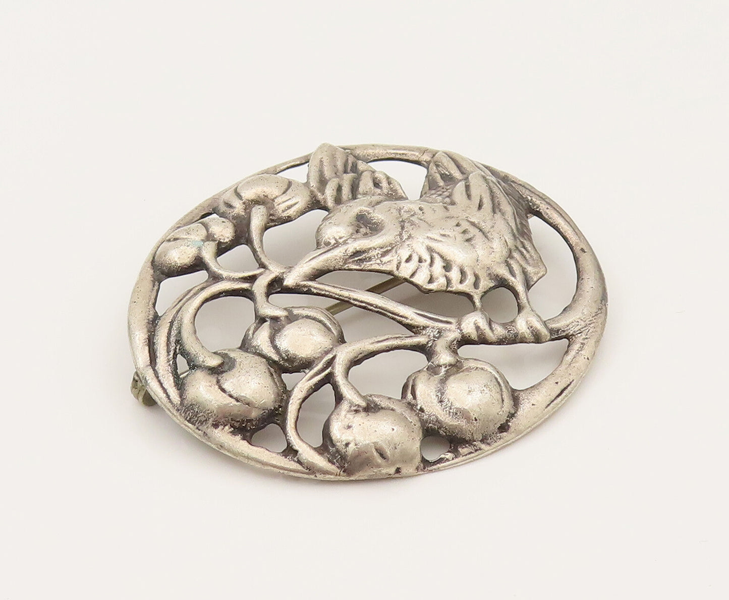925 Silver  Vintage Antique Garden Bird & Cherries Cutout Brooch Pin  BP10204