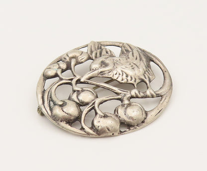 925 Silver  Vintage Antique Garden Bird & Cherries Cutout Brooch Pin  BP10204