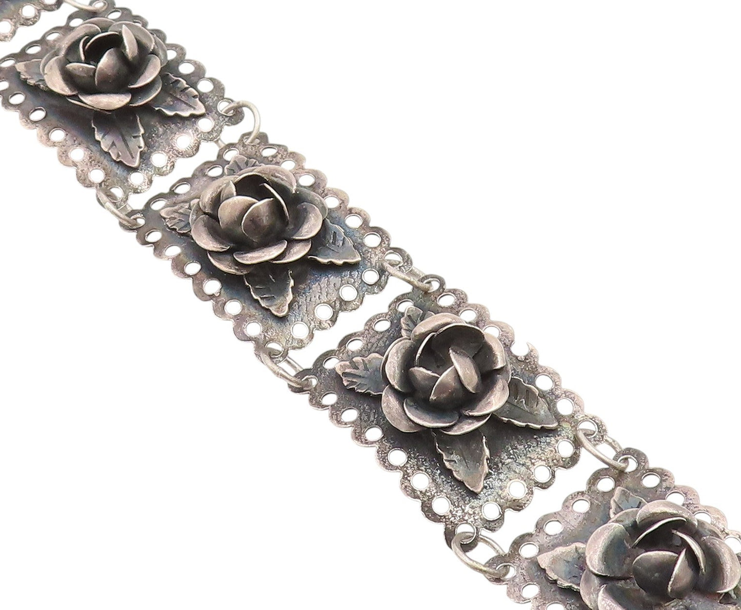 925 Sterling Silver Vintage Bracelet Dark Tone Floral Roses Link Chain  BT11429