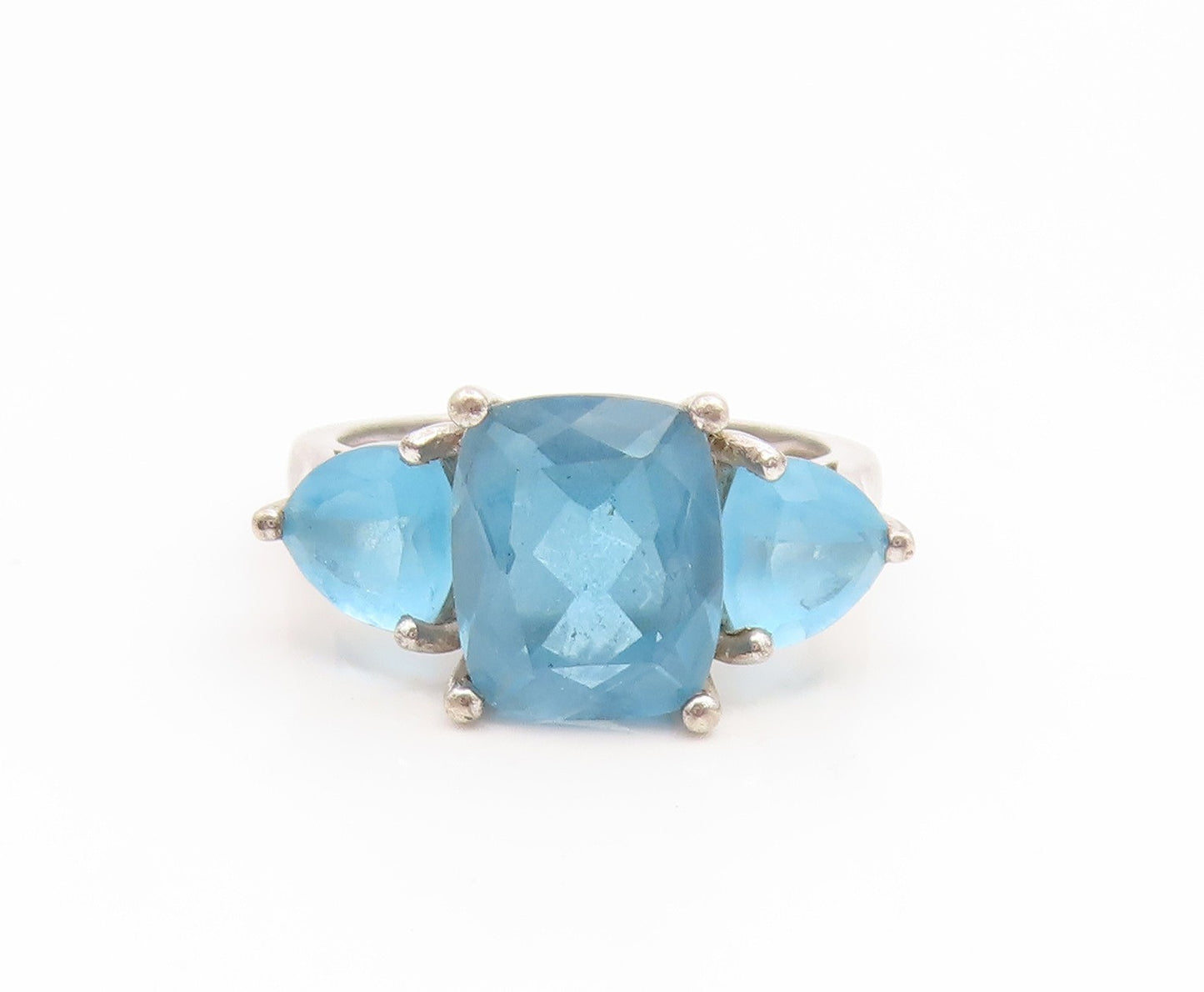 925 Sterling Silver Vintage Ring Three Stone Faceted Blue Topaz  Sz 7  RG35239