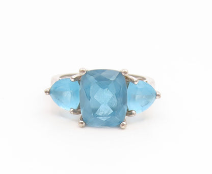925 Sterling Silver Vintage Ring Three Stone Faceted Blue Topaz  Sz 7  RG35239