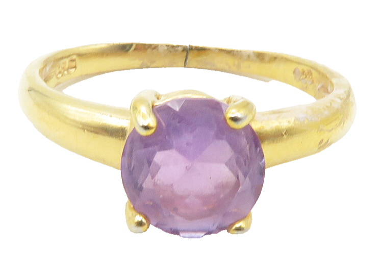 925 Sterling Silver  Amethyst Gold Plated Shiny Solitaire Ring Sz 6  RG11774