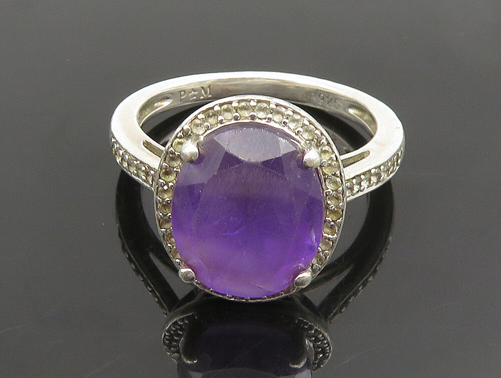 925 Sterling Silver  Vintage Oval Amethyst & Topaz Halo Ring Sz 7  RG25157