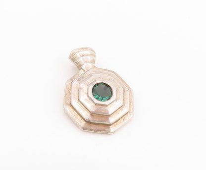 925 Sterling Silver Vintage Pendant Green CZ Geometric Octagon Charm  PT25820