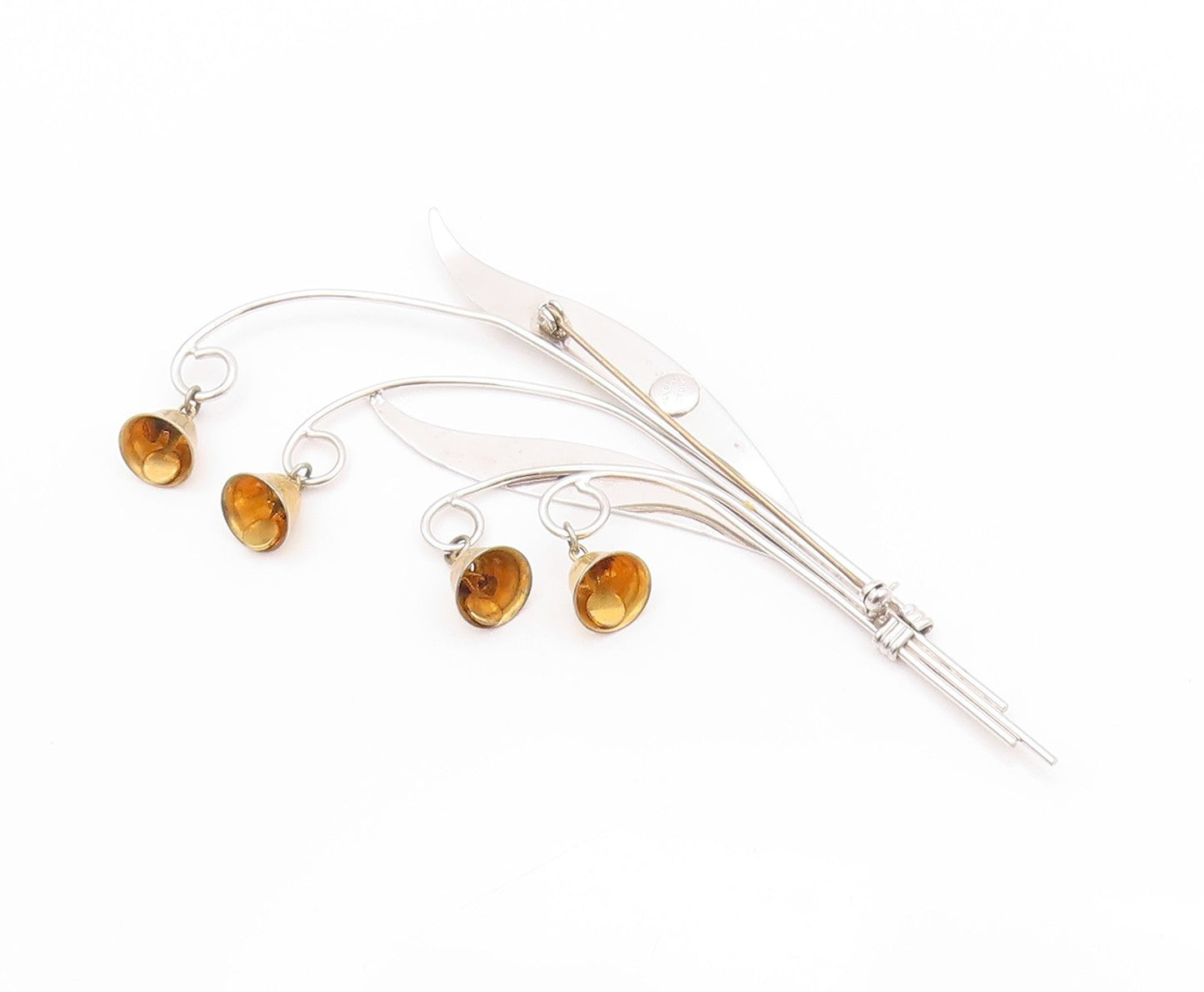 925 Sterling Silver Vintage Brooch MANREY Leaves With Dangling Bells  BP11650