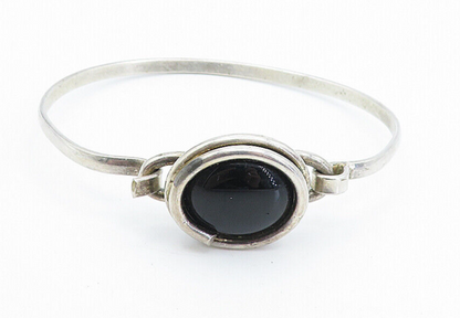 925 Sterling Silver  Vintage Cabochon Cut Black Onyx Cuff Bracelet  BT3163