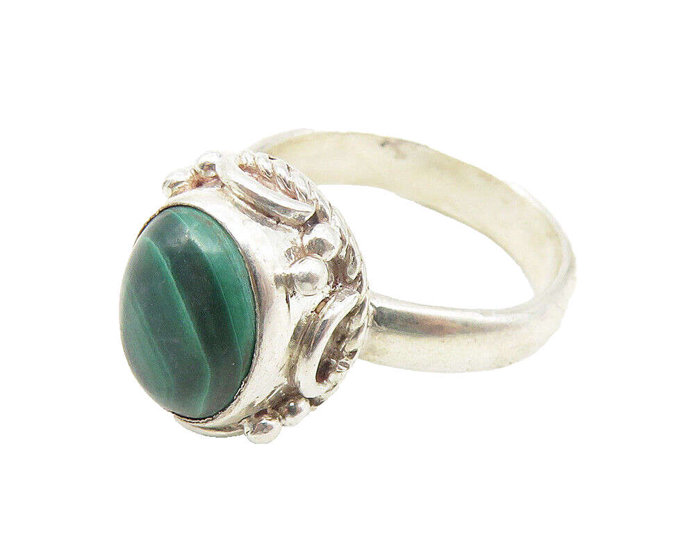 925 Sterling Silver  Cabochon Cut Malachite Twist Band Ring Sz 5  RG11341