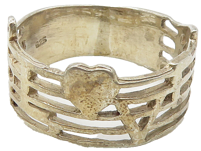 925 Sterling Silver  Vintage Love Heart Music Notes Band Ring Sz 6.5  RG16142