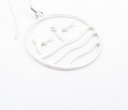 925 Sterling Silver  Shiny Leaping Dolphins Scene Dangle Earrings  EG3092