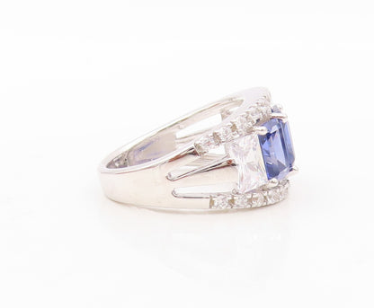 925 Sterling Silver Vintage Ring Rectangle Cut Sapphire & CZ  Sz 7.5  RG30616