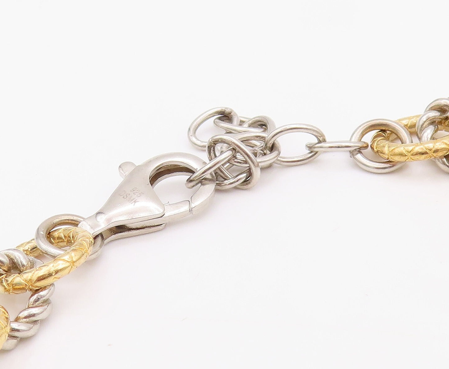 925 Sterling Silver Vintage Necklace Gold Plated Rope Rings CZ Inlay Ball NE4375