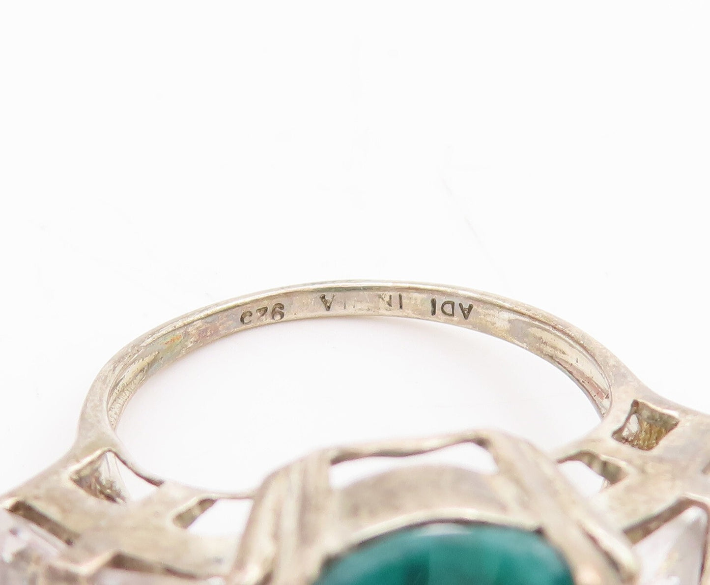 925 Sterling Silver Vintage Ring Oval Cut Emerald & Topaz Inlay  Sz 7  RG29210