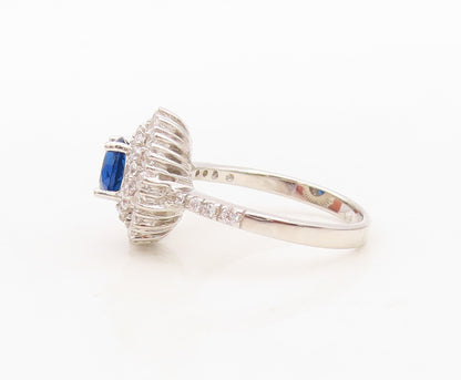925 Sterling Silver Vintage Ring Round Sapphire Halo CZ Inlay  Sz 7  RG30346