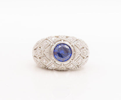 925 Sterling Silver Vintage Ring Round Sapphire Cutout CZ Inlay Sz 7.5  RG29237