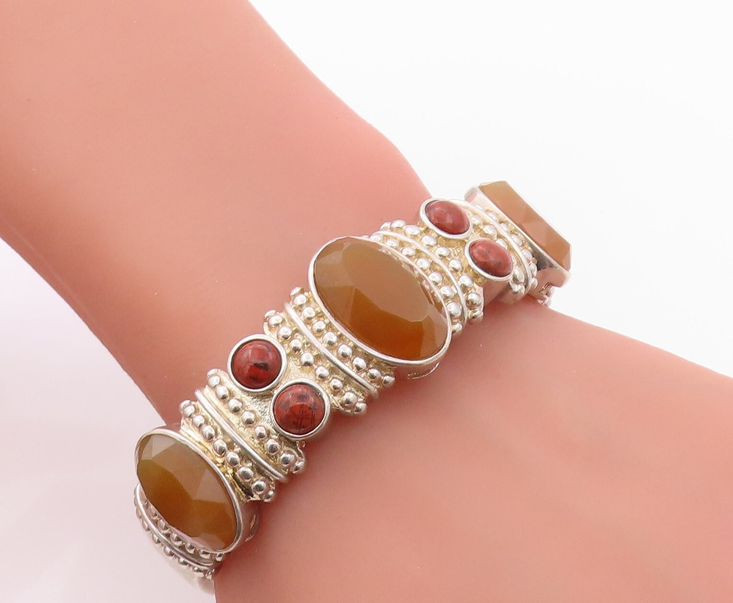 925 Sterling Silver Vintage Bracelet WHITNEY KELLY Gemstone Carved Cuff  BT11082