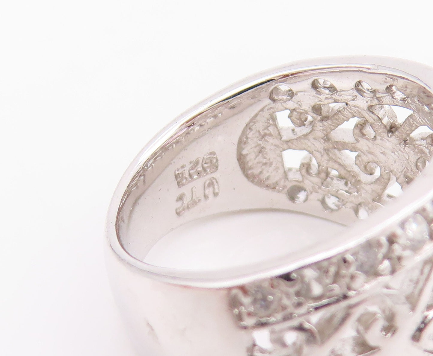 925 Sterling Silver Vintage Ring Designer 2 Tone CZ Swirls Cutout  Sz 5  RG33086