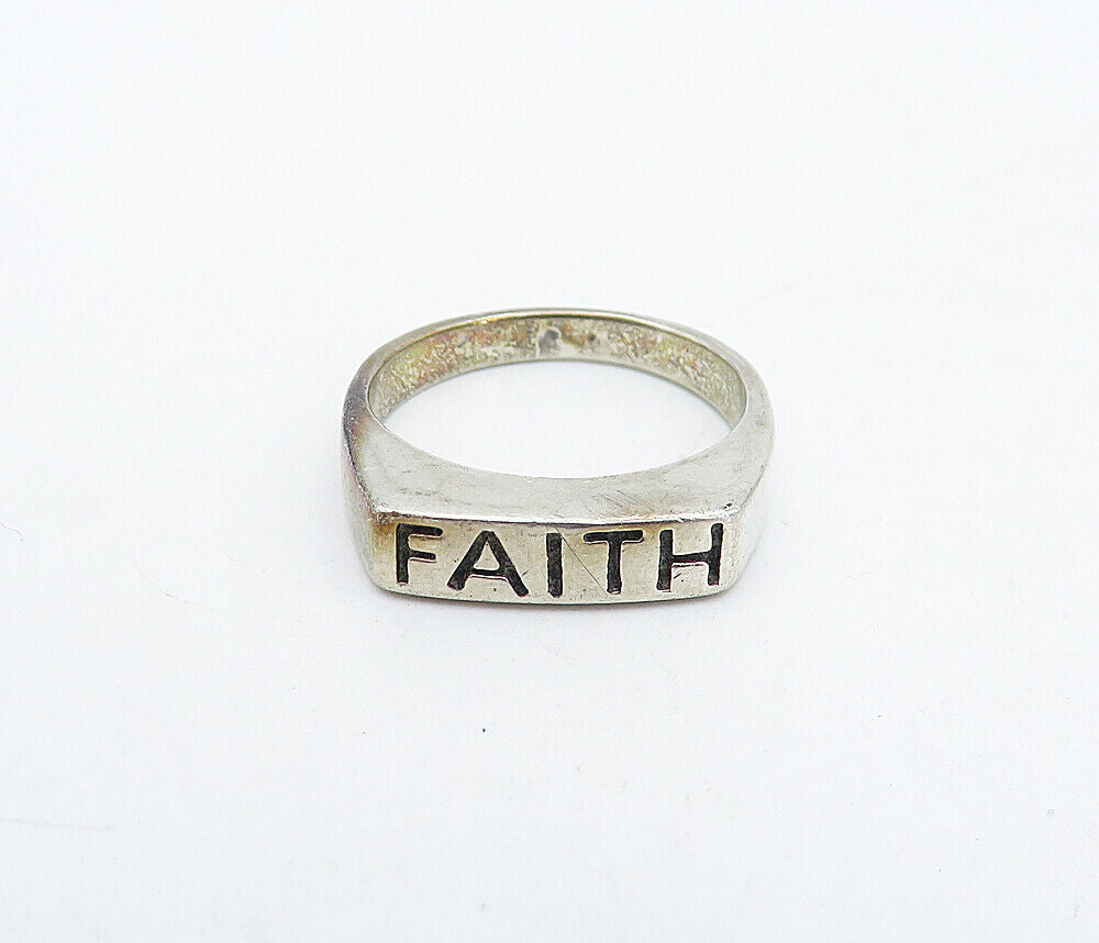 925 Sterling Silver - Vintage Faith Stamped Square Dome Band Ring Sz 6 - RG4473