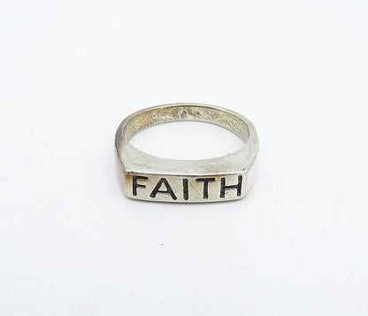 925 Sterling Silver - Vintage Faith Stamped Square Dome Band Ring Sz 6 - RG4473