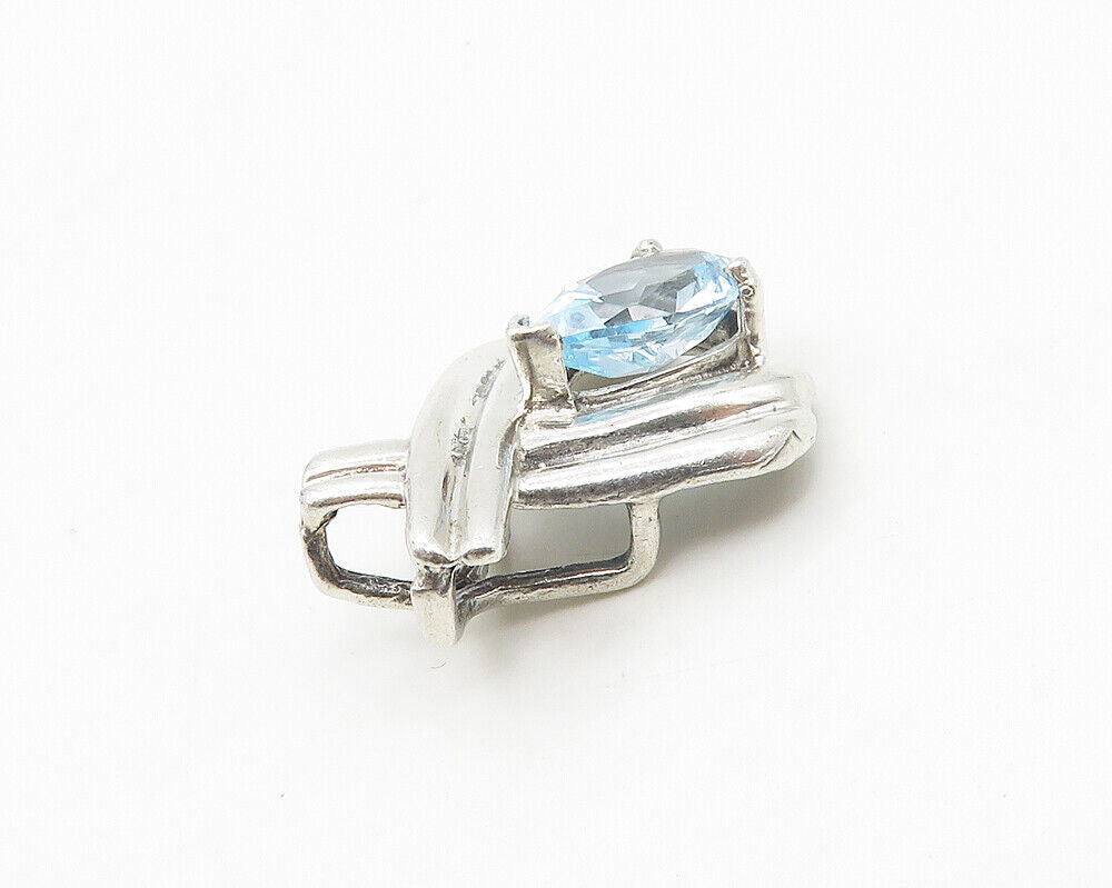 925 Sterling Silver  Tear Drop Blue Topaz Shiny Ribbon Pendant  PT13880