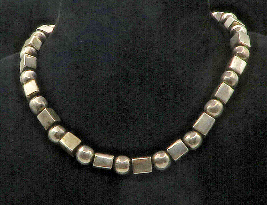 MEXICO 925 Sterling Silver  Vintage Smooth Shiny Beaded Chain Necklace  NE2376