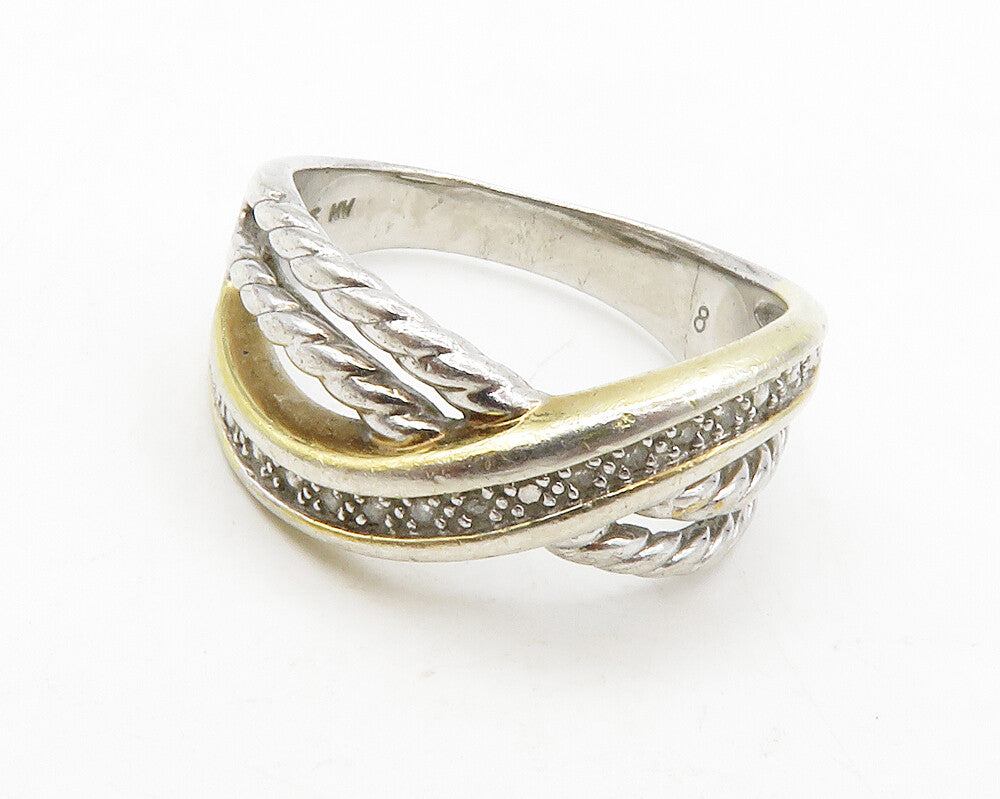 925 Silver  Vintage Genuine Diamonds Rope Twist Split Band Ring Sz 8  RG13364