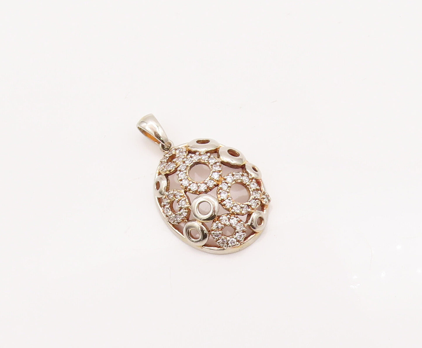 925 Sterling Silver Vintage Pendant Oval Domed Cutout CZ Inlay Rings  PT22992
